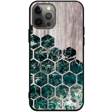 Phone case - casey Soft Flex Design - Geometric - Green marble on wood - black