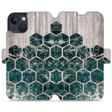 Phone case - casey Wallet Design - Geometric - Green marble on wood